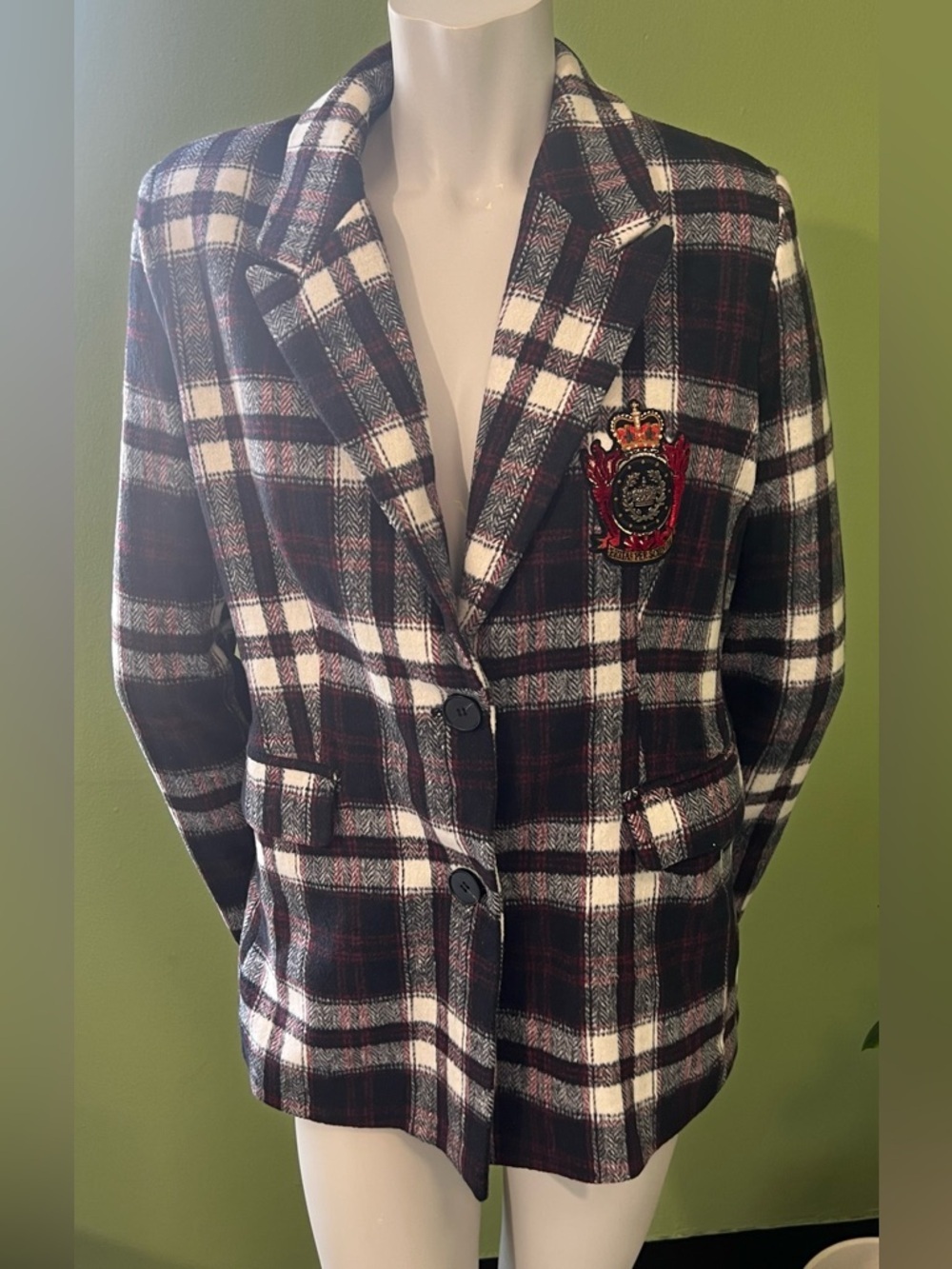 Fashion Nova Black White Red Plaid Crest Blazer